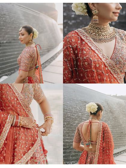 A collage showcasing the details of Nikita's stunning red bridal lehenga. From the intricate embroidery to her elegant hairstyle with fresh flowers, every element of her look is highlighted.
