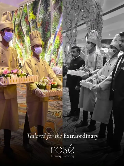 Tailored for the extraordinary. Our professional staff, in elegant uniforms, are ready to serve appetizers, showcasing the blend of gastronomy and grandeur that defines our service.