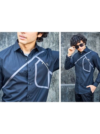 A symphony of futuristic styles from the Jazbaat collection. This black shirt with bold, graphic lines is for the discerning man who appreciates innovative design.