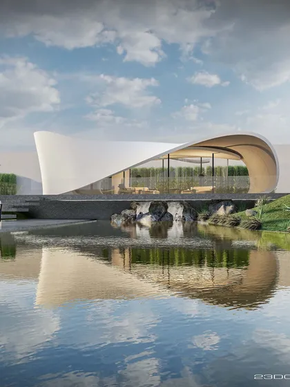Our design philosophy is rooted in constant innovation. This concept for a fluidic outhouse is a study in form, a single, ribbon-like surface that warps to create walls and a ceiling. Perched over serene waters, it is a futuristic haven for both quiet retreat and grand celebration.