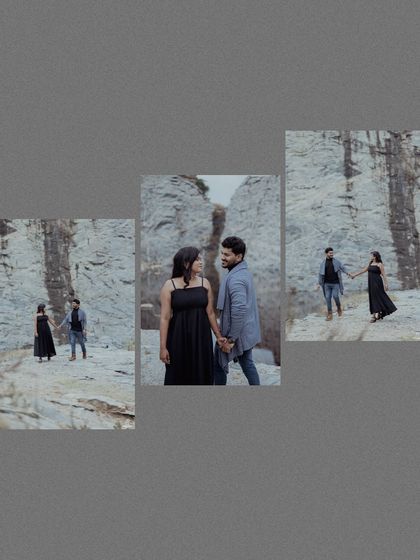 A collage of a couple's pre-wedding shoot at a quarry, showcasing their connection against the rugged landscape.