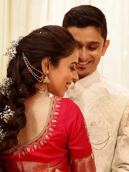 An intimate moment between the bride and groom on their engagement day. I styled both of them to create a cohesive and elegant look.