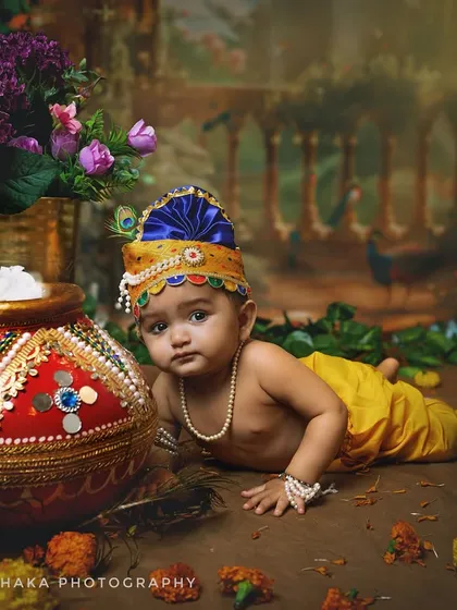 A tiny baby Krishna, just a few months old, lies next to his matki of butter. This pose is perfect for younger babies who are not yet sitting up.