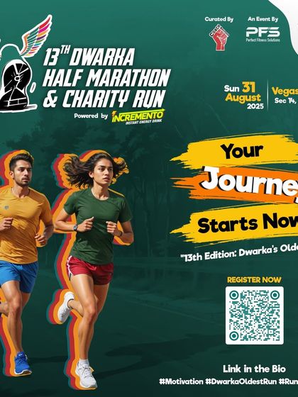 Your journey starts here. A promotional poster for the 13th Dwarka Half Marathon, highlighting its legacy as Dwarka's oldest run.