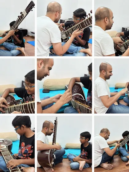 To new beginnings. Every student's first lesson is a special moment. This collage captures the initial steps of a young student learning how to hold the sitar and understand its basic parts.