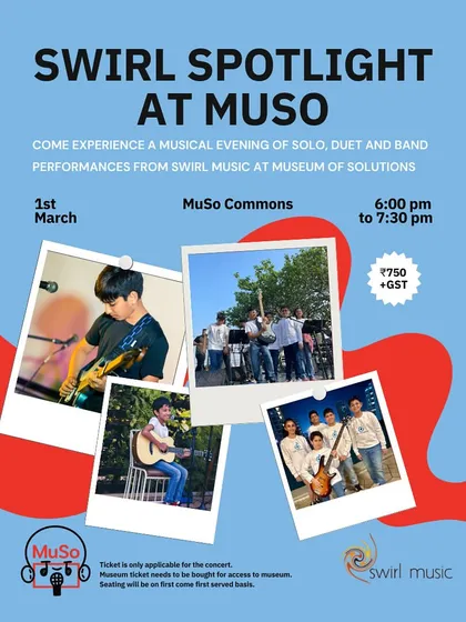 Another poster for our Swirl Spotlight at MuSo, an evening where the music takes center stage. Seating is first-come, first-served, so be sure to get there early.
