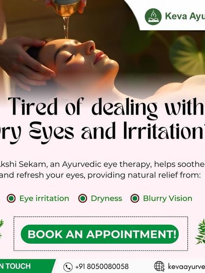 If you're tired of dealing with dry eyes and irritation, our Akshi Sekam therapy can help. This Ayurvedic eye treatment soothes and refreshes your eyes, providing natural relief from dryness and blurry vision.