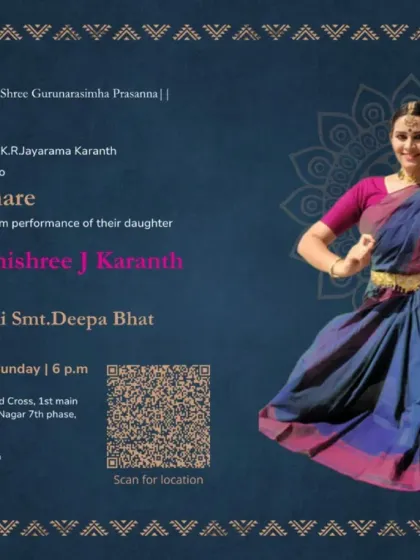 An invitation to the solo performance of my senior student, Nidhishree J. Karanth, in 'Nrithyadhare'.