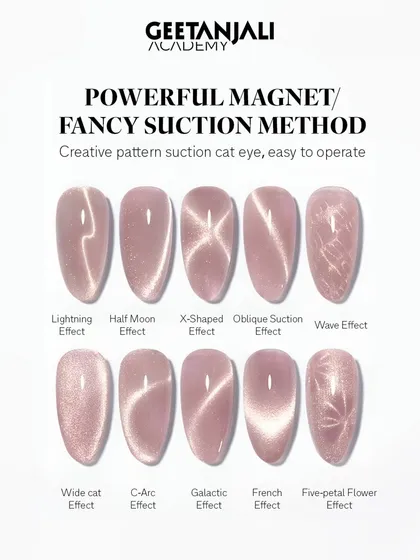 We teach you how to master a wide variety of popular and advanced nail effects. This chart shows the different results you can achieve with the magnetic cat-eye technique, from a classic C-arc to a creative five-petal flower design.