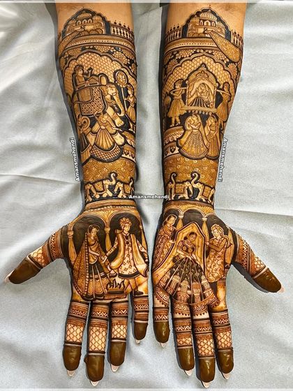 A luxurious and heavy bridal mehndi design telling a complete wedding story. The arms feature multiple scenes, including the bride's entry, the couple's portrait, and traditional rituals, all tied together with intricate patterns.
