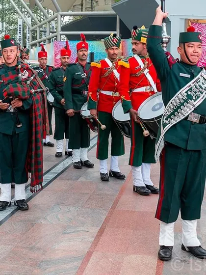 The Indian Army's pipe band stands in formation, ready to perform. I cover the formal aspects of events as well, providing clean, professional shots of parades and official proceedings.