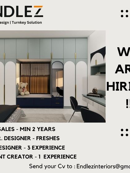 Endlez Interiors in Chennai is hiring a Senior Designer (3 years experience) and a Junior Designer (fresher), showing a path for growth.