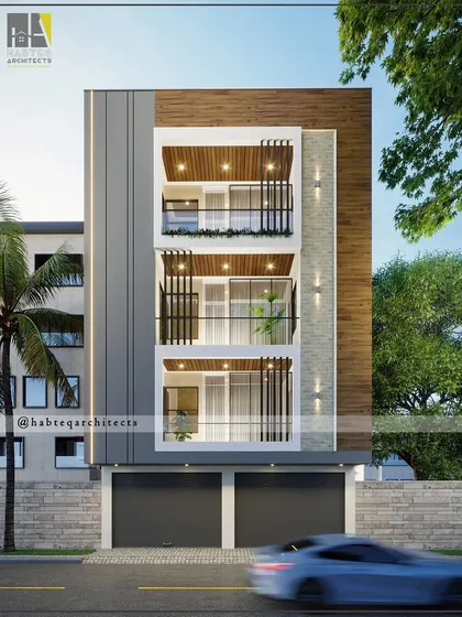 A proposed elevation in West Delhi that combines grey panels and white surfaces with highlights of wooden texture. Vertical MS pipes are used as a decorative element on the balconies, adding a unique industrial touch.