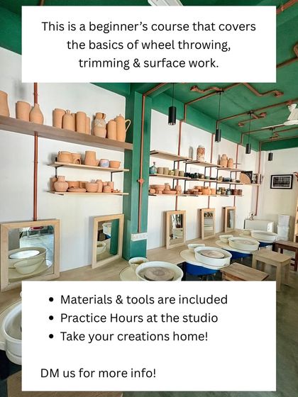 Our April-May weekend Potter's Wheel course announcement, with a view of our clean and organized studio.