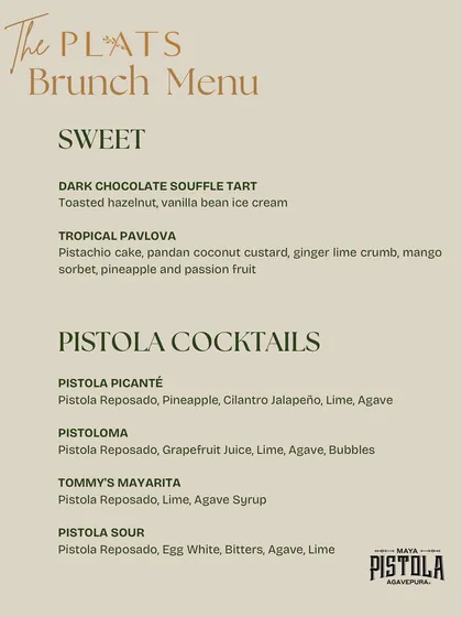 The sweet section of our May brunch menu, featuring the Dark Chocolate Soufflé Tart and Tropical Pavlova, alongside a special selection of Pistola Cocktails.