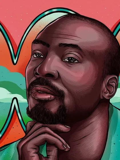 An emotive portrait of poet and musician Joshua Idehen for Bandcamp Weekly, set against a dreamy landscape viewed through an abstract frame.