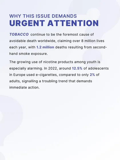 The fight against tobacco demands urgent attention. This infographic highlights the alarming statistics, including the 8 million annual deaths and the rising use of e-cigarettes among adolescents, making the case for immediate, collective action.
