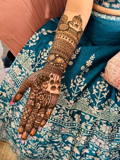 A close-up of a bride's palm, showcasing a detailed portrait. I take pride in the fine line work that brings these figures to life, making each design a true piece of art.