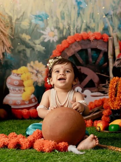 A happy baby Krishna playing with a pot in a charming, rustic setup that evokes the tales of his childhood.