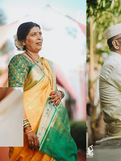 A collage of beautiful portraits of the groom's parents during the Haldi ceremony, capturing their pride and joy.