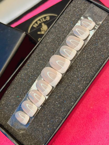 A ready-to-wear set from my collection featuring a sheer nude base with delicate white line art. This design offers a subtle, modern twist on a neutral manicure, perfect for daily wear.