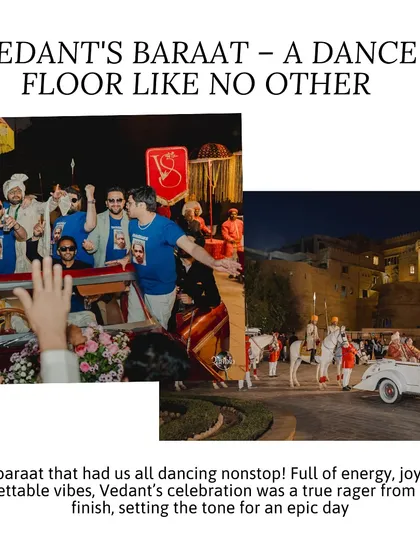 Vedant's baraat was a dance floor like no other. Full of energy and joy, this rager set the tone for an epic day, showcasing our ability to create an incredible party atmosphere.