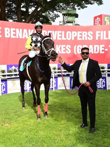 'Mayne Magic' once again in the winner's circle for The Dharmaprakasha L.S. Venkaji Rao Memorial Trophy.