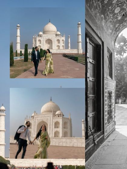 A collage capturing the essence of a pre-wedding shoot at the Taj Mahal. It combines wide shots of the iconic monument with personal moments of the couple, telling a complete story.