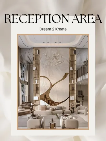 A graphic highlighting the key features of the grand reception area design, perfect for summarizing the project's scope and style.