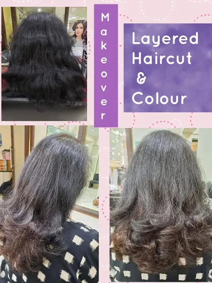 A layered haircut is enhanced with a subtle color application. This combination adds depth and sophistication for a complete hair makeover.