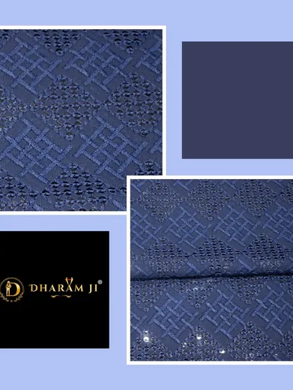 A close-up of a beautiful navy blue fabric with intricate self-embroidery and sequin work. This is a great choice for a unique bandhgala or sherwani.
