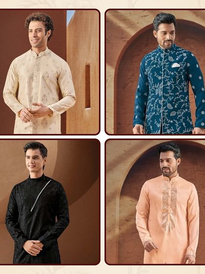 A collage from our Diwali collection. We offer a range of festive looks, from embroidered kurtas in peach and ivory to modern jackets and classic black ensembles.