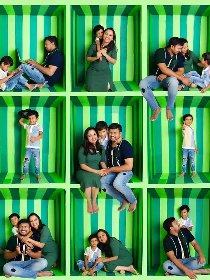 A fun and modern take on the family portrait! Our family box photoshoot captures individual personalities and the playful connection between family members in a unique grid format.