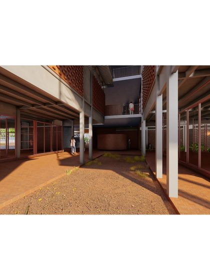 The interplay of levels, with ground-floor corridors opening to the earth and upper-level walkways offering views across the campus. This multi-layered circulation creates a sense of a bustling, interconnected academic street.