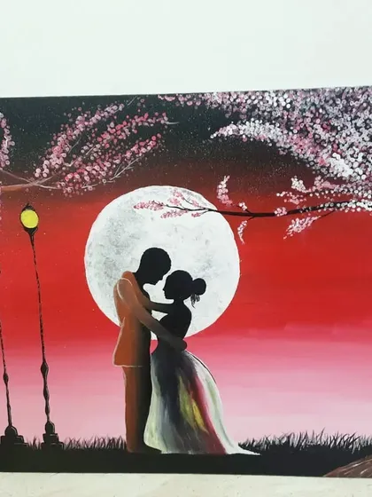 A wide shot of the "Endless Love" couple painting, showcasing its scale. This type of custom canvas painting can be a centerpiece in a room, celebrating a special bond.