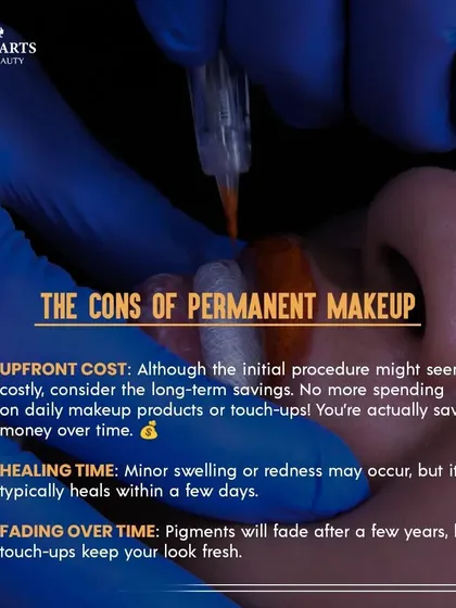 Now for the cons. There is an upfront cost, but it saves you money on makeup products over time. There is also a short healing time with minor swelling or redness, and the color will fade after a few years, requiring touch ups to keep your look fresh.