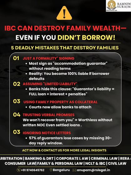 Signing a "small guarantee" can have huge consequences, as seen in a recent Bangalore NCLT case. This infographic breaks down five deadly mistakes that destroy families, from assuming limited liability to trusting verbal promises from banks.