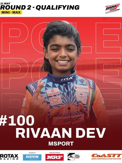 Rivaan Dev is the pole sitter for the Mini Max category at Round 2 of the Meritus Cup.