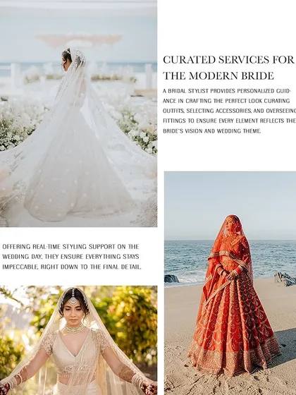 A collage showcasing curated services for the modern bride, featuring a variety of looks from a classic white gown to a traditional red lehenga, all styled by us.