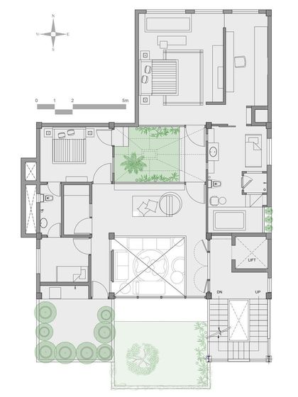 The upper floor plan illustrates the layout, showing how the bedrooms and lounge are arranged around the central courtyard. This inward-looking configuration ensures privacy and a constant connection to the green spaces.
