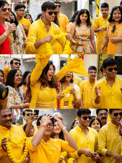 Candid shots of guests dancing and enjoying the baraat-like atmosphere of the haldi function.