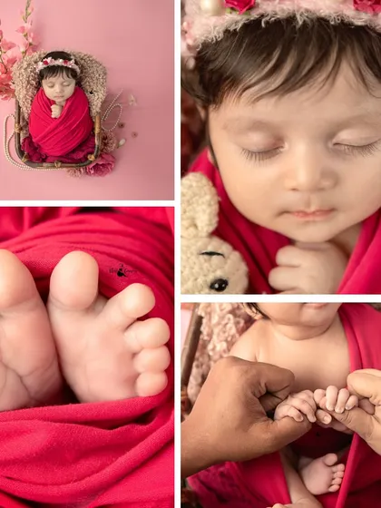 A collage showcasing the different precious moments from a newborn session: a full portrait, a close-up of the face, tiny feet, and hands held by parents.
