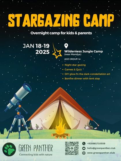 Another one of our popular stargazing camp posters, detailing the schedule for a weekend of cosmic fun near Mandya.