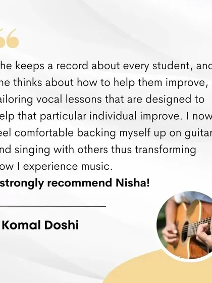"I now feel comfortable backing myself up on guitar." This testimonial highlights how our tailored lessons help students gain practical skills and confidence to perform with others.