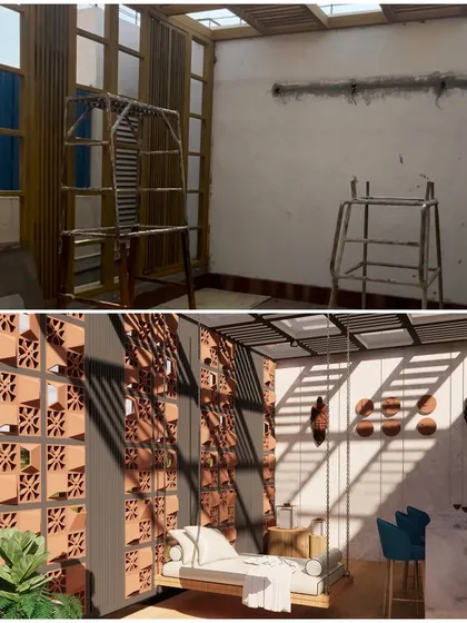 A powerful before and after of a 27th-floor penthouse project. We replaced a bare, unfinished area with a private retreat featuring a terracotta jali screen for privacy and aesthetic appeal. The design includes a custom swing, a mini-bar, and strategic lighting that highlights the textures and creates a warm ambiance.