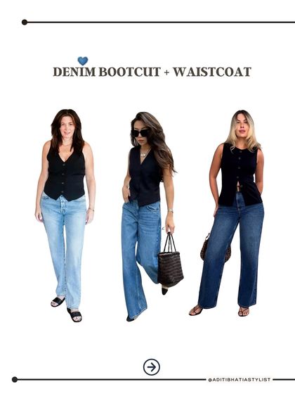 For a trendy yet timeless look, try pairing bootcut denim with a simple waistcoat. This creates a sleek, elongated silhouette that's perfect for a stylish day out.