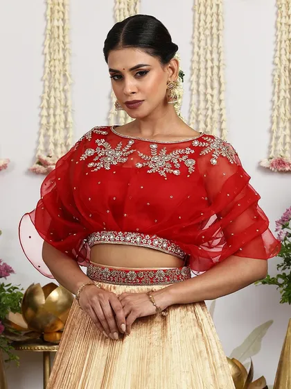 Another close-up of the red cape blouse, capturing its delicate and ethereal quality.