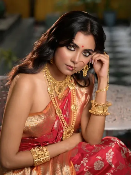 A stunning portrait of actress Paoli Dam from her Sananda magazine cover shoot. Her direct gaze and the exquisite detail of the P.C. Chandra Jewellers pieces make this a captivating image.