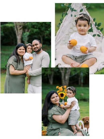 A collage from a first birthday shoot, showing the different setups and moments we captured, from family portraits to solo shots with props.