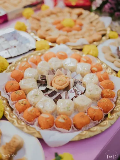 A platter full of love and traditional Indian sweets. This close-up of our Mithai Bar shows the delicious assortment of motichoor laddoos and kaju katlis, beautifully arranged for guests to enjoy.